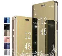 PingGoo Coque pour iPhone 14, Étui Miroir à Placage Rabattable Cover, Housse de Protection Antichoc PC/PU Étui Translucide Clear View Coque pour iPhone 14, Or