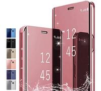 PingGoo Coque pour iPhone 14 Pro Max, Étui Miroir à Placage Rabattable Cover, Housse de Protection Antichoc PC/PU Étui Translucide Clear View Coque pour iPhone 14 Pro Max, Or Rose