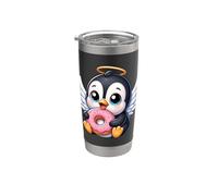 Pingouin d'ange mignon tenant un donut rose Gobelet isotherme en acier inoxydable double paroi
