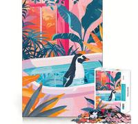 Pingouin dans Une Baignoire avec Plantes Tropicales Puzzle de 1000 pièces pour Adolescents Développement de la mémoire Conception Anti-Stress Cadeau touchant (38x52cm)