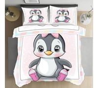 Pingouin de dessin animé mignon Parure de Lit Empreintes d'animaux d'anime Enfant Ado, Douce et Respirante Housse de Couette Arc de dessin animé 140x200cm avec Fermeture Éclair, 2 Taies d'oreiller