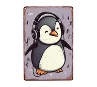 Pingouin Écoutant De La Musique Avec Des Écouteurs Métallique Panneau Rétro Plaque Étain Signe Vintage Affiche Étain Pour Chambre Café Cuisine