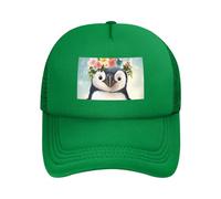 Pingouin portant des fleurs casquette de baseball en maille pour homme et femme, chapeau de golf respirant à séchage rapide classique, vert, XL (taille unique)