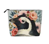 Pingouin portant des fleurs imprimées Trousse de maquillage de voyage imitation lin étanche pour femme, Noir , Taille unique, Trousse de maquillage