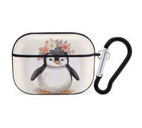 Pingouin portant des fleurs pour Airpod Pro Coque rigide de protection complète contre les chutes avec porte-clés compatible avec AirPod Pro 2e/1ère génération, LED avant visible, noir