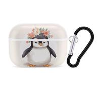 Pingouin portant des fleurs pour Airpod Pro Coque rigide de protection complète contre les chutes avec porte-clés compatible avec AirPod Pro 2e/1ère génération, LED avant visible, blanc