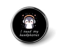 Pingouins avec casque audio - Broche ronde en métal - Autisme - Bijou - Décoration unisexe