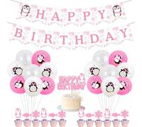 Pingouins fête d'anniversaire décorations filles ballons roses bannières anniversaire gâteau gâteau chapeau pingouin en aluminium et ballons enfants anniversaire d'hiver animaux fête