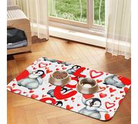 Pingouins Mignons pour la Saint-Valentin,Tapis d'alimentation pour Animaux de Compagnie, Sets de Table en Cuir PU pour Chats et Chiens,40x60cm
