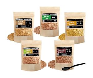 PINI Woodchips Lot de 5 copeaux de fumage de 1 litre Grain optimal 4-6 mm Copeaux de fumage variés Hêtre, Chêne, Cerise, Pomme, Aulne