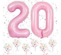 Pink 20Th Birthday Balloon, 40 Inch Foil Helium Number Balloons With 6Pcs Pink Confetti Balloons For 20Th Boys Girls Women Men Birthday Birthday Party Decoration