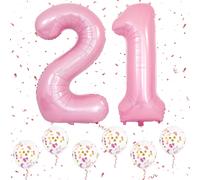 Pink 21St Birthday Balloon, 40 Inch Foil Helium Number Balloons With 6Pcs Pink Confetti Balloons For 21St 12Th Boys Girls Women Men Birthday Birthday Party Decoration