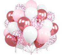 Pink And White Balloons, 60 Pieces 12 Inches Pastel Pink Latex Red Metallic Confetti Balloons With Ribbon For Girls Women Child Birthday Party Baby Shower Wedding Christening Decoration