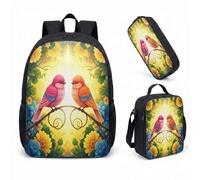 Pink Bird Magic Forest Ensemble sac à dos de 43,2 cm Sac d'école 3 pièces Imprimé floral Sac à livres fantaisiste pour filles, 04, L, Minimaliste
