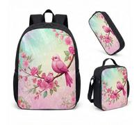 Pink Bird Magic Forest Ensemble sac à dos de 43,2 cm Sac d'école 3 pièces Imprimé floral Sac à livres fantaisiste pour filles, 02, L, Minimaliste