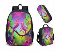 Pink Bird Magic Forest Ensemble sac à dos de 43,2 cm Sac d'école 3 pièces Imprimé floral Sac à livres fantaisiste pour filles, 03, L, Minimaliste