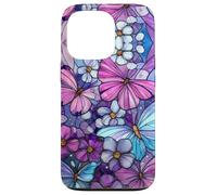 Pink Blue Butterflies Stained Art Effect Stain White Flowers Coque pour iPhone 13 Pro