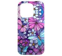 Pink Blue Butterflies Stained Art Effect Stain White Flowers Coque pour iPhone 15 Pro