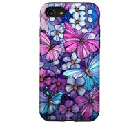 Pink Blue Butterflies Stained Art Effect Stain White Flowers Coque pour iPhone SE (2020) / 7/8