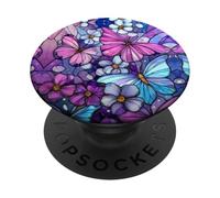 Pink Blue Butterflies Stained Art Effect Stain White Flowers PopSockets PopGrip Adhésif