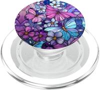Pink Blue Butterflies Stained Art Effect Stain White Flowers PopSockets PopGrip pour MagSafe