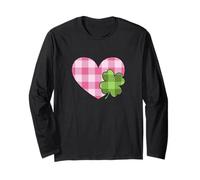 Pink Buffalo Plaid Heart for St. Paddys Day Green Shamrock Manche Longue