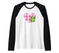Pink Buffalo Plaid Heart for St. Paddys Day Green Shamrock Manche Raglan