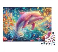 Pink Dauphin Jumps près d'un château de Conte de fées Puzzle De 1000 Pièces Thème Dolphin Parfait pour Les Soirées De Jeux, Adultes Et Enfants 70x50cm/1000pcs