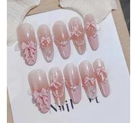 Pink French Handmade Press On Nails Long Almond Oval Fake Nails Bow White Pearls Luxury Glue on Nails Reusable Acrylic False Nails Manicure Kits with Cute Design for Women