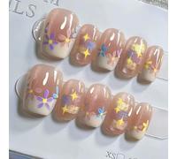 Pink French Handmade Press On Nails Short Square 10Pcs Fake Nails Flower Star Luxury Glue on Nails Reusable Acrylic False Nails Manicure Kits with Cute Design for Women