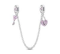 Pink Gemstone Heart - shaped Lock Safety Chain Charm, Charm for Bracelet, Compatible with Pandora Bracelet Neckalce