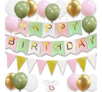 Pink Green Balloons 16 Pack 12 Inch Happy Birthday Balloons With Banner And 3 Ribbons For Men Women Girls And Boys