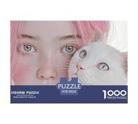 Pink-Haired Girl with White Kitten 1000 Pièces Carton Extra-épais Lot de Puzzles Girl and White Cat Stimulant Et Éducatif Jeu Créatif Puzzles As Birthday Gifts 38x26cm/1000pcs
