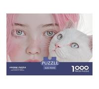 Pink-Haired Girl with White Kitten 1000 Pièces Carton Premium Coffret De Puzzles Girl and White Cat Anti-Stress Défi Unique Puzzles As Birthday Gifts 70x50cm/1000pcs