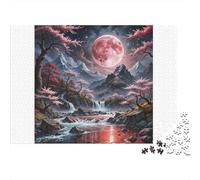 Pink Moon Fantasy Landscape 100% Recycled Cardboard Night Cherry Moon 1000 Piece Puzzle for Adults The Impossible Challenge 70x50cm/1000pcs