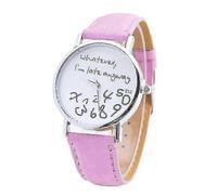 (Pink)Sijiali Women Whatever Im Late Anyway Letter Round Dial Faux Leather Strap Quartz Watch Fast