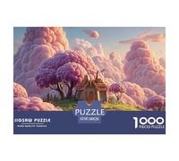 Pink Sky Pink Clouds and A House 1000 Pièces Carton Extra-épais Lot de Puzzles Purple Blossom Trees Stimulant Et Éducatif Défi Unique Puzzles pour Adultes Et Enfants 38x26cm/1000pcs