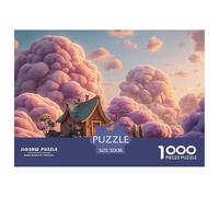 Pink Sky Pink Clouds and A House 1000 Pièces Carton Premium Coffret De Puzzles Purple Blossom Trees Stimulant Et Éducatif Jeu Familial Puzzles As Birthday Gifts 52x38cm/1000pcs