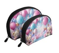 Pink Sky with Bears, Ballons and Flowers Printed Makeup Bags 2-Piece Portable Shell Travel Toiletry Bag, blanc, Taille unique