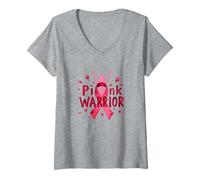 Pink Warrior : Sensibilisation au Cancer du Sein et autonomisation des Femmes T-Shirt avec Col en V, Femme, Gris Chiné, M