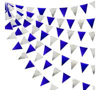 pinkblume 32Ft Bleu Argenté Tissu Guirlande Brillant Fanion Bannière Triangle Drapeau banderoles Décoration de fête pour Anniversaire Bapteme Fiançailles Mariage Thème Pirate Décor de Fête Suspendue