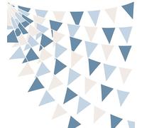 pinkblume 32Ft Bleu et Beige Fanions Guirlande Bannière Décoration de Fête Rétro Morandi Beige Bleu Tissu Drapeau Banderole pour Anniversaire Baptême Mariage Diplôme Nautique sous La Mer Thème Décor