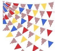 pinkblume 32Ft Rouge Bleu Jaune Foraine Décorations De Fête Rayures Rouges Carnaval Cirque Clown Triangle Drapeau Fanion Banderoles Tissu Guirlande Anniversaire Bapteme Mariage Festival Extérieur Deco