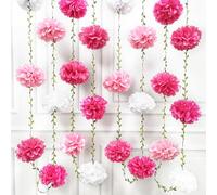 pinkblume Rose Vif Blanc Pompons Guirlande Décorations de fête Lot de 12 Pompons Fleurs en Papier de Soie avec à Suspendre Ruban Feuilles pour Fille Thé Anniversaire Bapteme Mariage Octobre Rose Decor