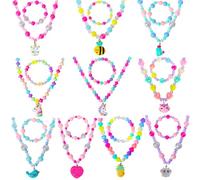 Pinkgarden 10 Ensembles Collier de Perles et Bracelet pour Enfants filles, Collier de Hibou Chat Oiseau Licorne et Bracelet de Perles, Sacs-Cadeaux D'anniversaire