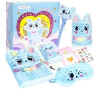 Pinkgarden Ensemble de Journal Félin - Cahier en Peluche Avec Support de Stylo, Stylo à Bille, Masque de Nuit & Autocollants - Cadeau Parfait pour Filles de 6 à 12 Ans