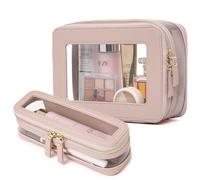 Pinkmik Trousse de Maquillage Transparente de Voyage avec Trousse à pinceaux approuvée par la TSA - Trousse de Toilette étanche - Organisateur cosmétique de Voiture Essentiel pour Femme, Rose, M+Slim