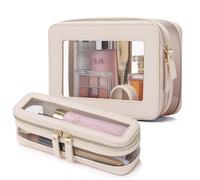 Pinkmik Trousse de maquillage transparente de voyage avec trousse à pinceaux approuvée par la TSA - Trousse de toilette étanche - Organisateur cosmétique de voiture essentiel pour femme, beige, M+SLIM
