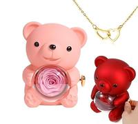 pinkpinkluo Boîte cadeau, boîte à bijoux Flip Bear, pétales de rose éternels, cadeau d'ours de rose préservé, L, Bronze, Zircone cubique