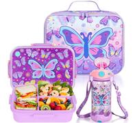 PinkSheep Boîte à déjeuner Bento pour enfants avec conteneurs à déjeuner étanches de 1200 ml avec 3 compartiments, bouteille d'eau sans BPA, sac à déjeuner isotherme pour l'école, les filles, les